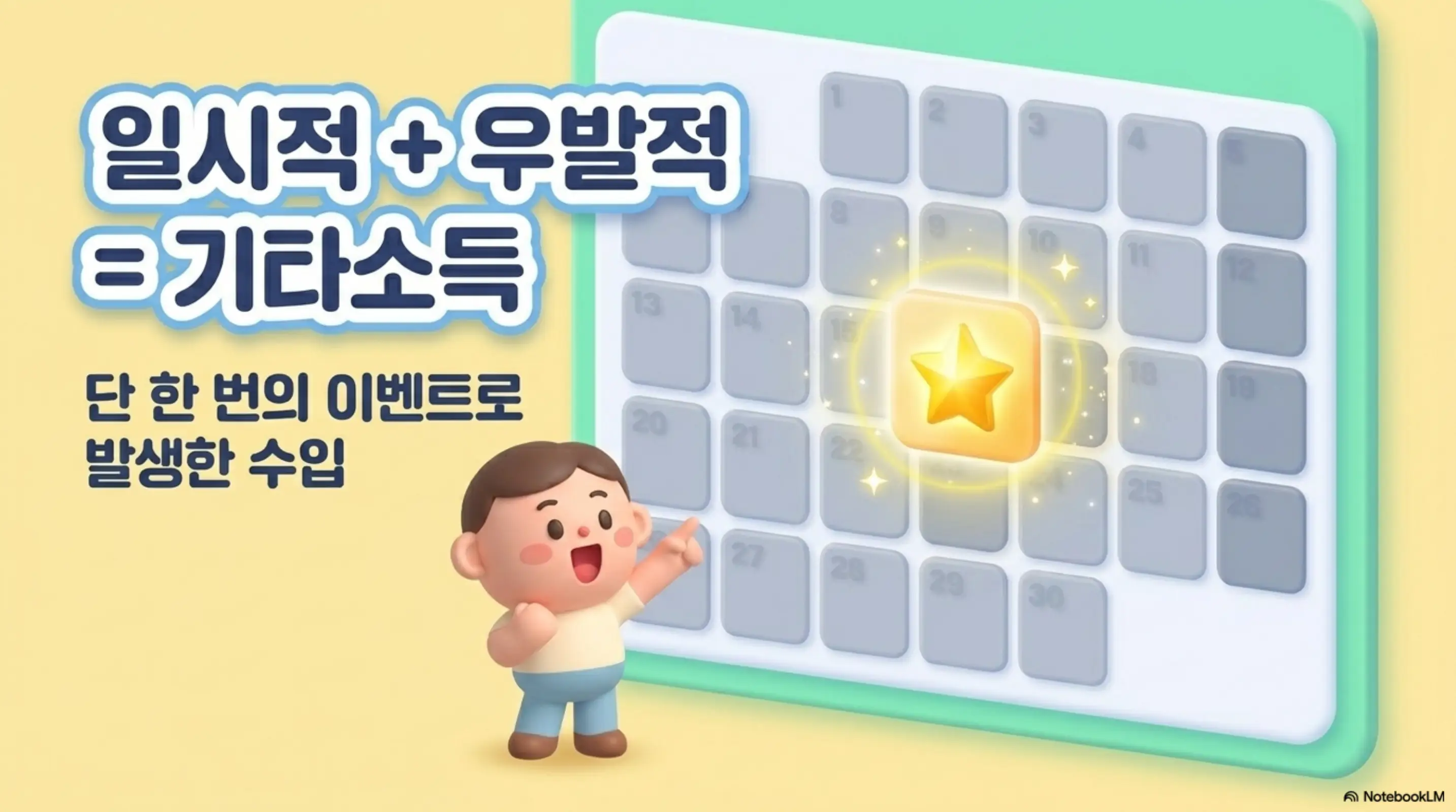 기타소득: 일시적 + 우발적 = 기타소득이라는 공식을 달력 이미지와 함께 보여주는 인포그래픽 이미지. 이 이미지는 단 한 번의 이벤트로 발생한 수입이 기타소득이라는 핵심 정의를 시각적으로 전달하며&amp;#44; 블로그의 기타소득 정의와 개념과 관련된 내용을 설명함