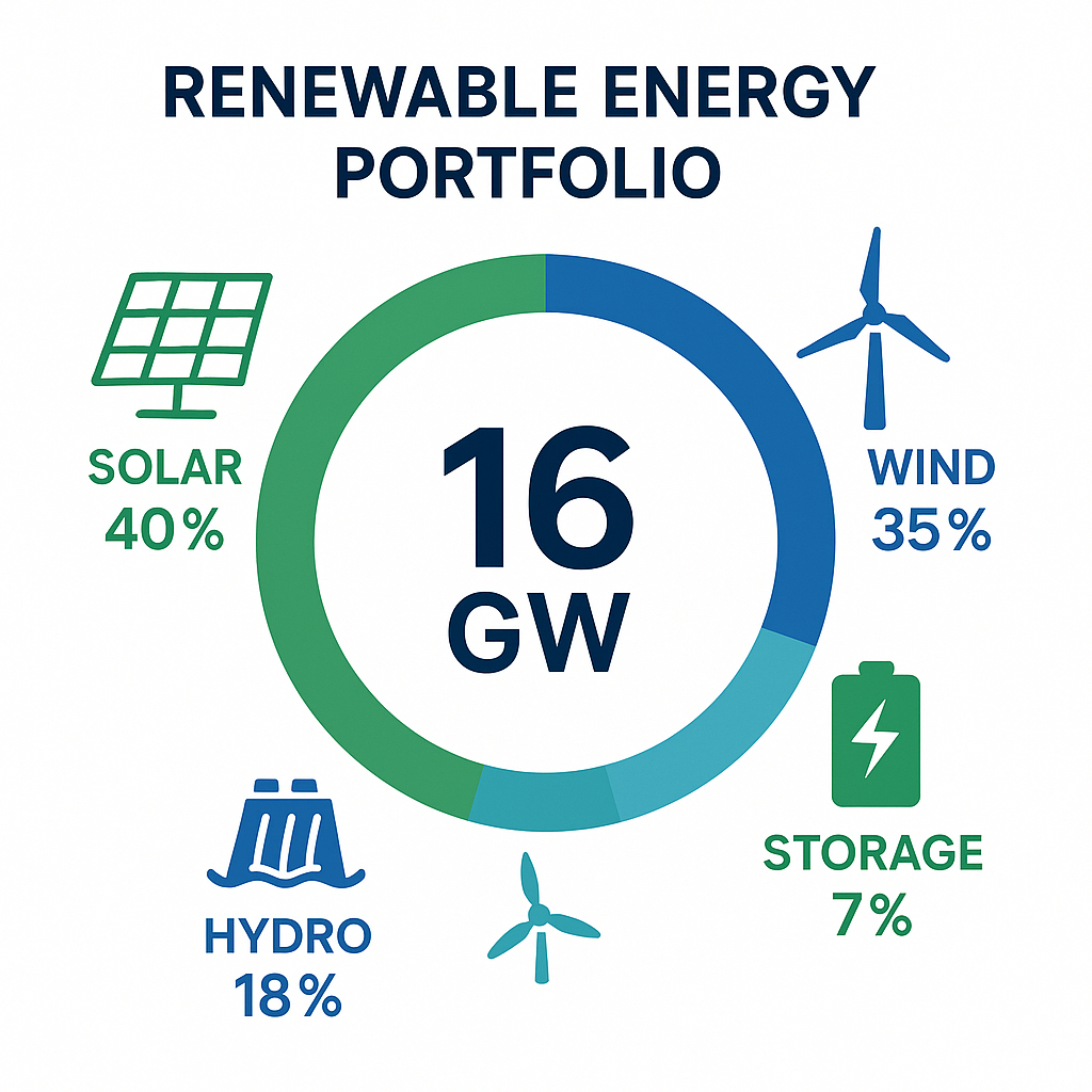 AES Corporation renewable energy portfolio composition showing 16GW capacity across solar wind hydro and storage
