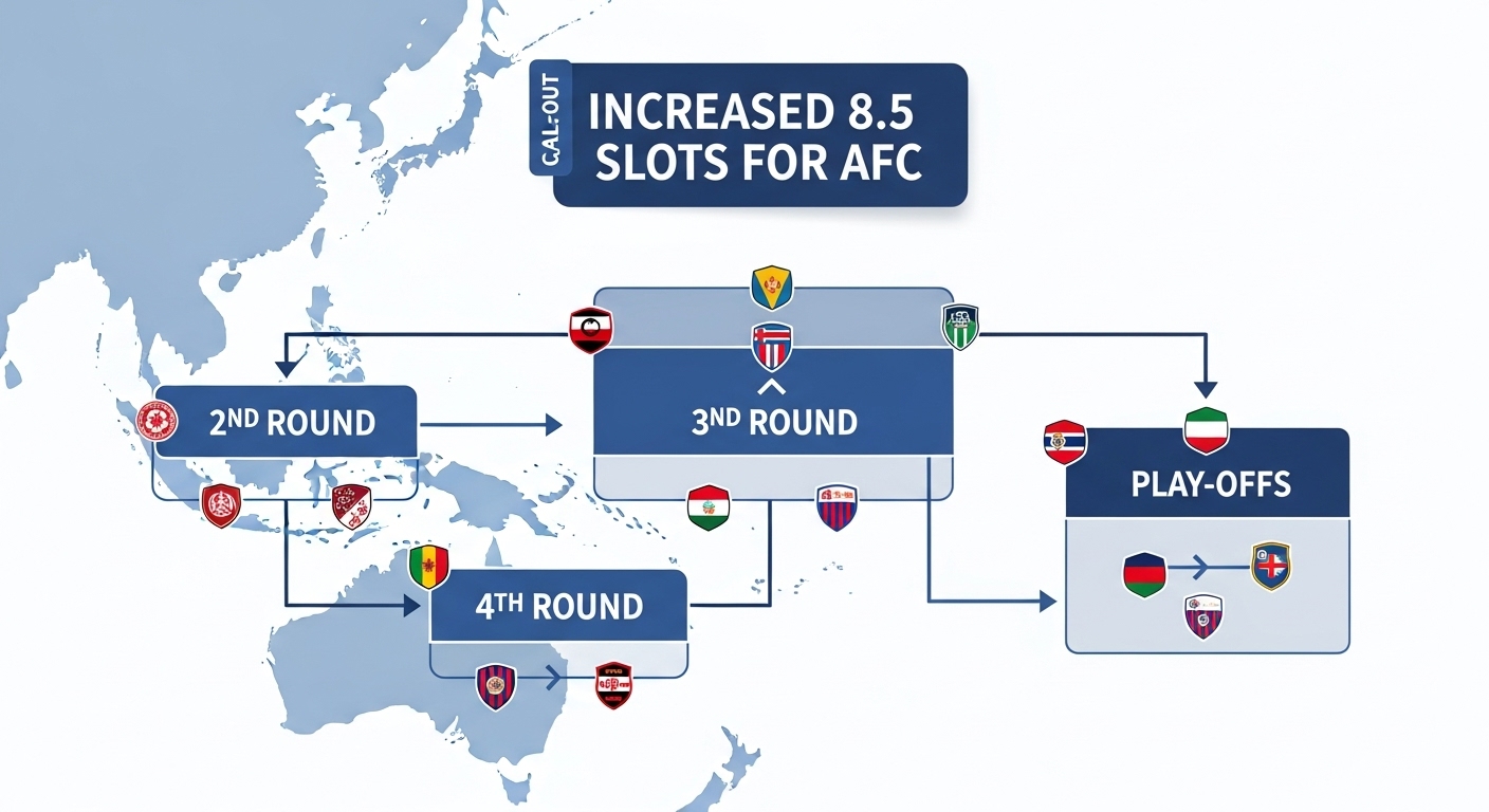 2026 월드컵 아시아 예선 방식을 상세히 설명하는 인포그래픽. 2차, 3차, 4차 예선 및 플레이오프 단계를 보여주며 아시아에 배정된 8.5장의 티켓을 강조합니다.