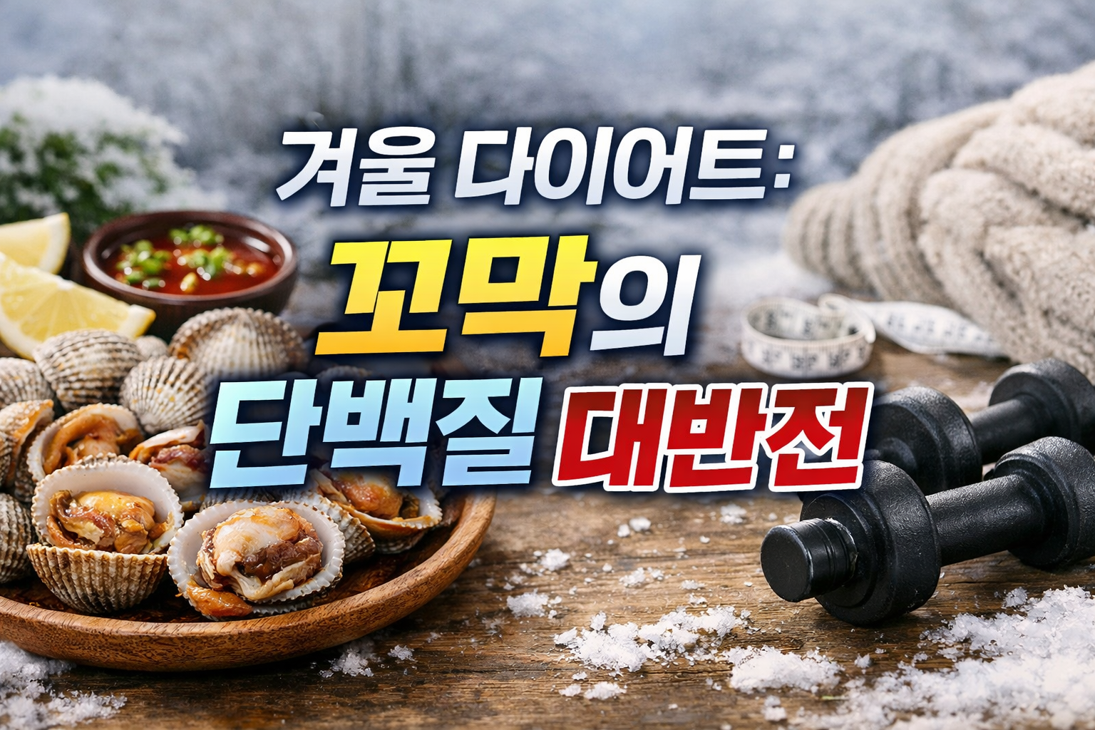 겨울 다이어트 꼬막 단백질 이미지, 꼬막 요리와 아령이 함께 놓인 실사 스타일 단백질 식단 사진