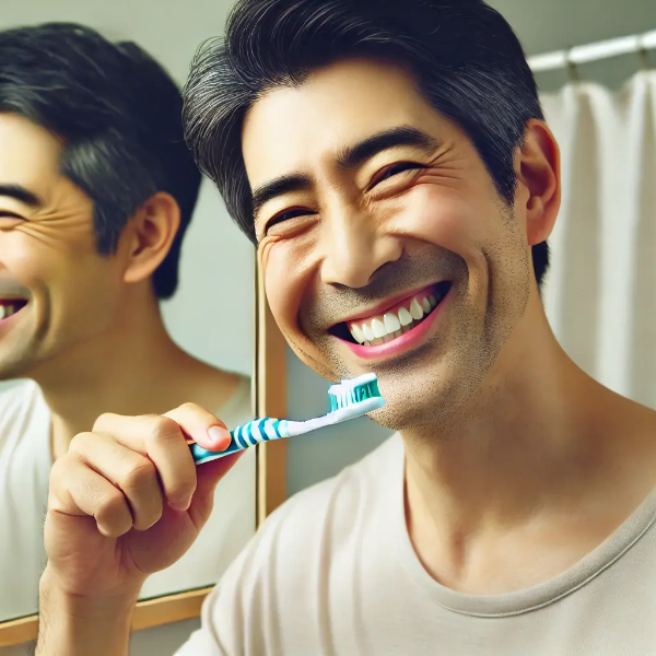 밝고 깨끗한 욕실에서 부드러운 칫솔로 이를 닦으며 거울을 보며 안도하는 미소를 짓는 동양인 중년 남성의 초고해상도 사진