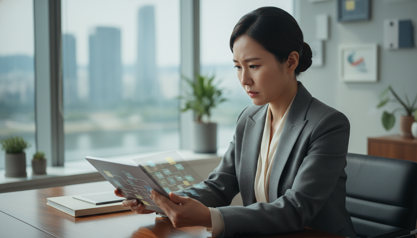 스마트폰으로 노동법 관련 자료를 진지하게 검토하는 한국인 사업주의 모습.