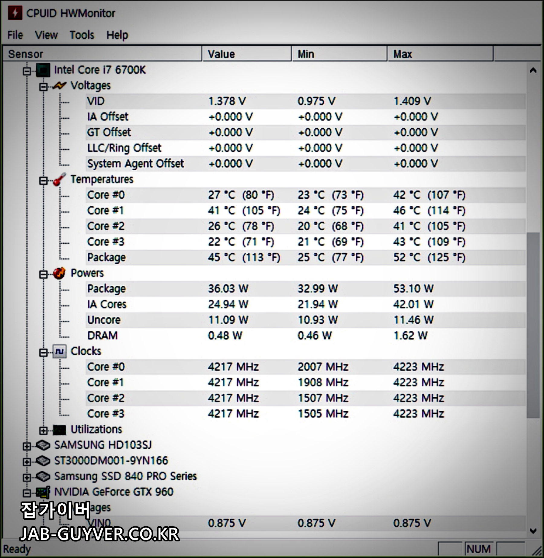 컴퓨터 청소 전후 CPUID HWMonitor CPU GPU SSD 온도 비교