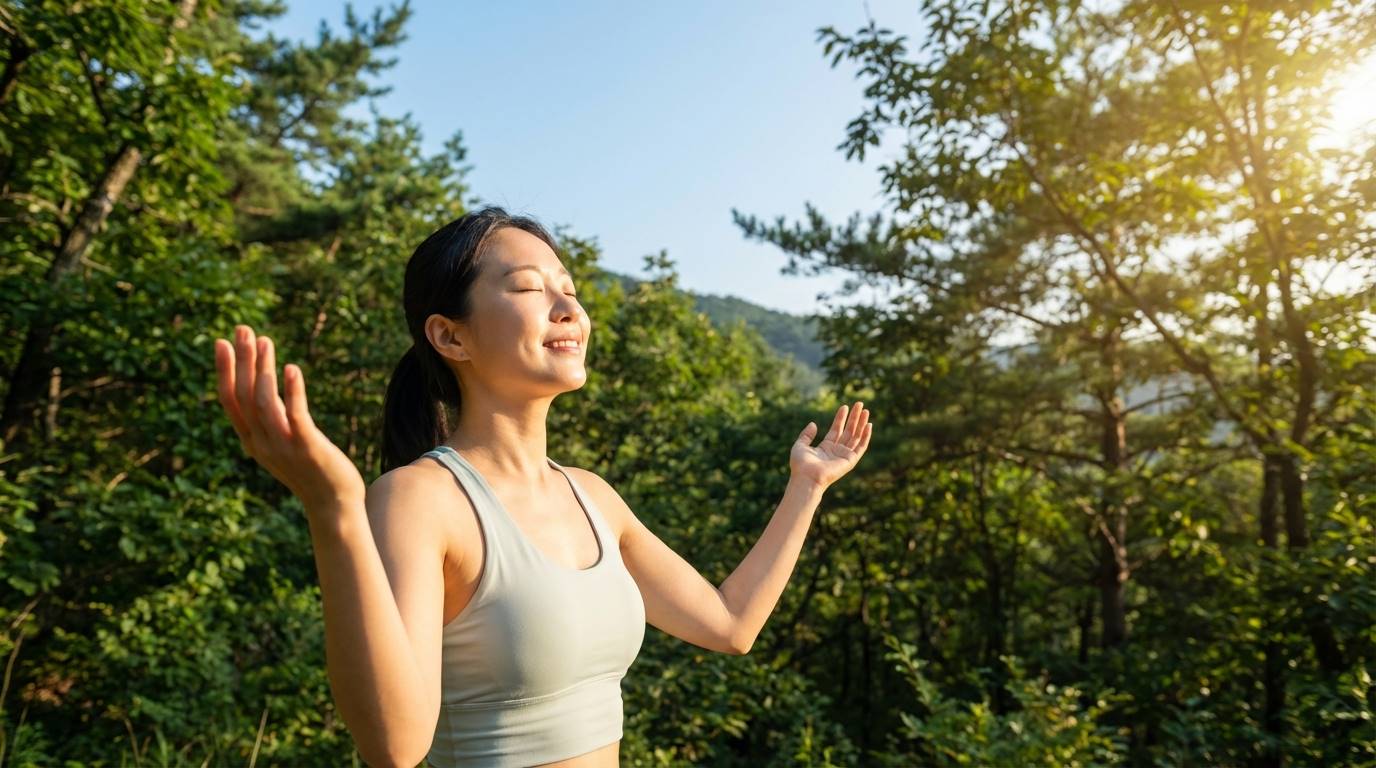 건강한 여성이 활기차게 아침 공기를 마시며 미소 짓고 있는 모습, 배경에는 푸른 숲과 맑은 하늘이 펼쳐짐