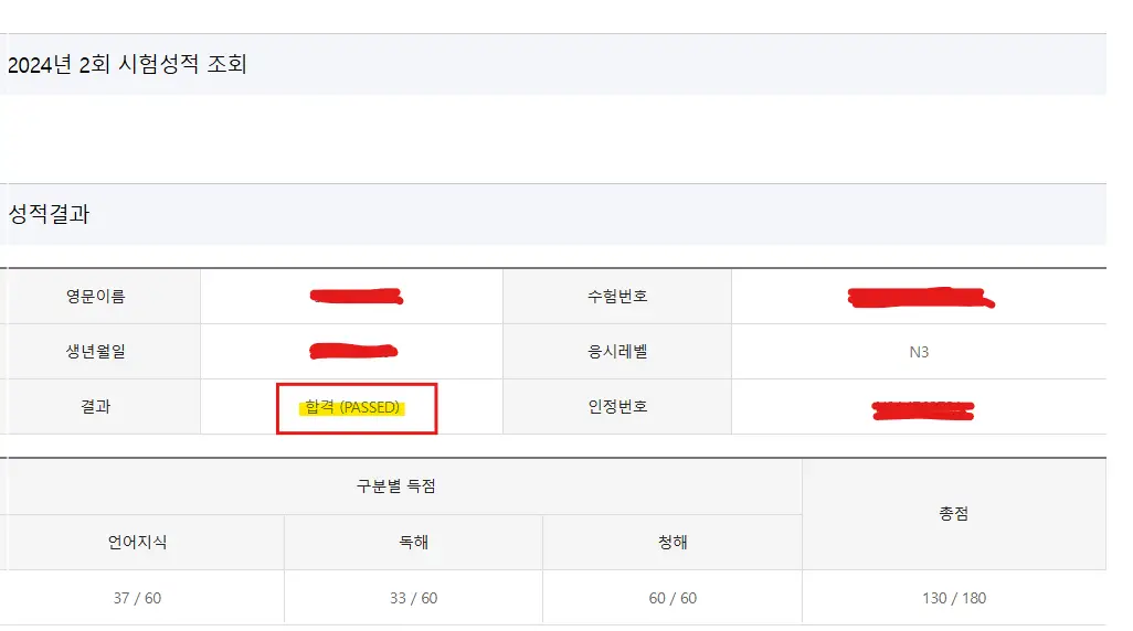 JLPT-N3-시험성적-합격-사진