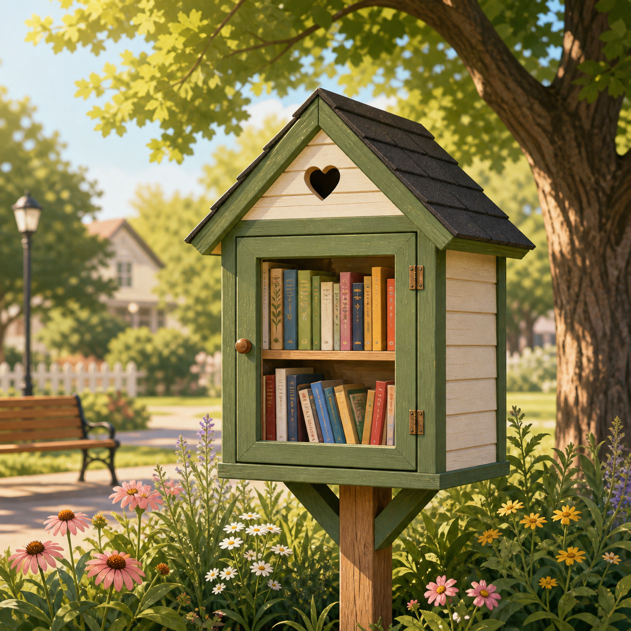 A small neighborhood book box filled with books in a warm park illustration