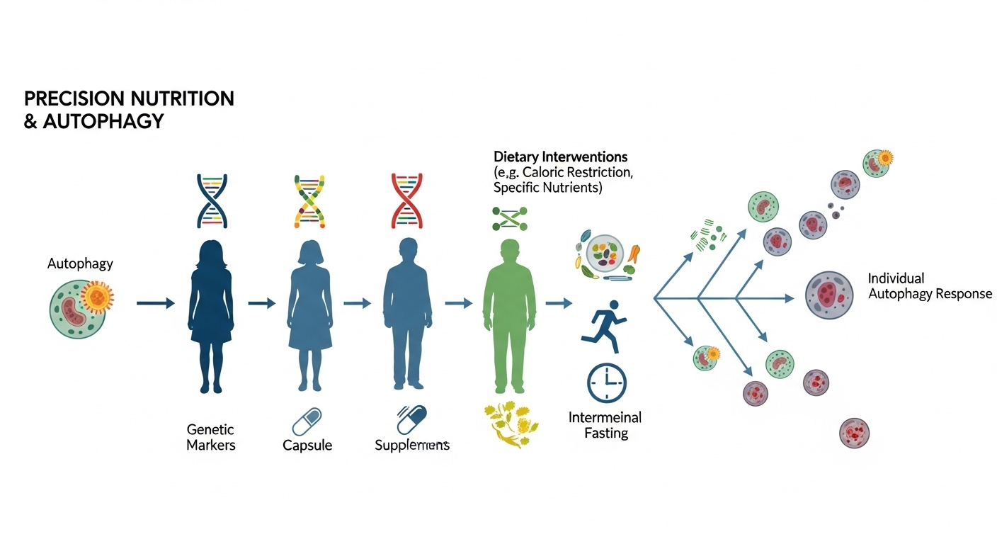 개인의 유전자형에 따라 식이요법에 대한 자가포식 반응이 다름을 보여주는 정밀 영양 인포그래픽. 맞춤형 건강 관리의 중요성을 강조합니다.