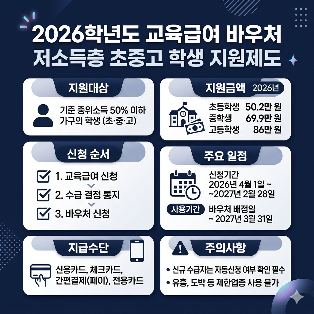 교육급여 바우처 신청대상, 지원금액, 신청기간, 사용처, 자동신청 인포그래픽