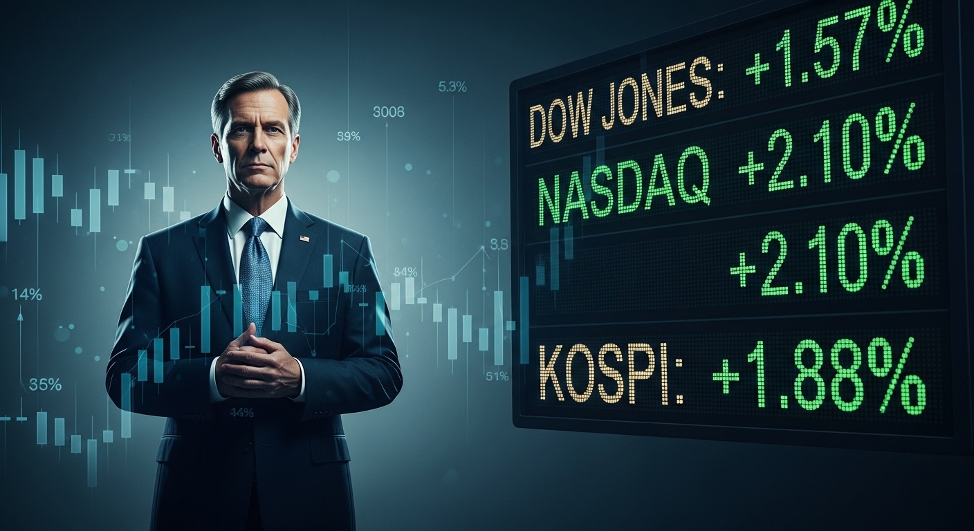 웅장한 코스피 5,000 전광판 앞에 선 트럼프 대통령과 한국의 군함, 원전 그래픽이 겹쳐진 강렬한 이미지