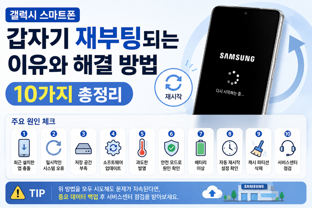 갤럭시 스마트폰이 갑자기 재부팅되는 이유와 해결 방법 10가지를 소개하는 이미지. 최근 설치한 앱 확인, 저장 공간 점검, 소프트웨어 업데이트, 발열 관리, 안전 모드, 배터리 점검 등 재부팅 문제 해결 방법을 한눈에 보여주는 썸네일.
