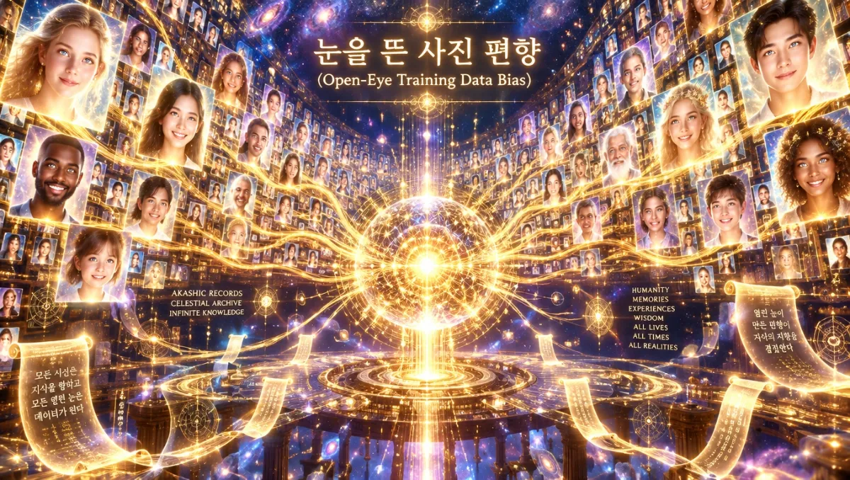 아카식 우주 도서관에 떠 있는 수많은 인물 사진들이 모두 눈을 크게 뜬 채 웃고 있으며, 황금빛 데이터 스트림이 중앙 신경망으로 수렴하는 형상