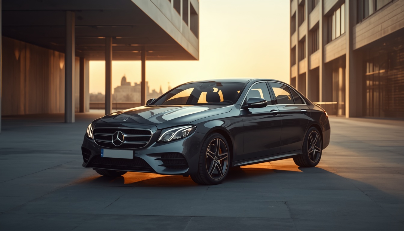 A modern Mercedes-Benz E-Class parked in a modern, minimalist city district during golden hour, emphasizing luxury and professional success.