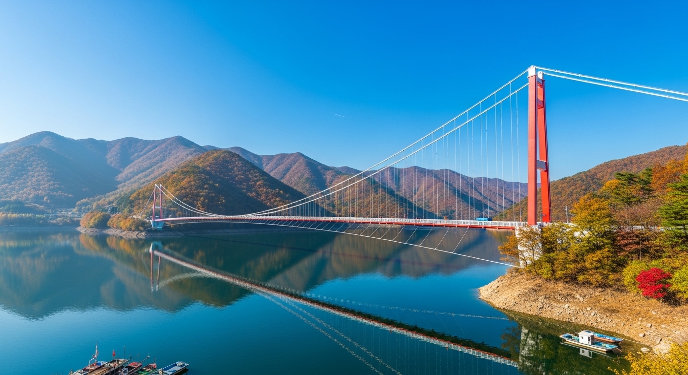 화창한 가을날, 파주 마장호수의 아름다운 출렁다리를 파노라마 뷰로 담은 사진