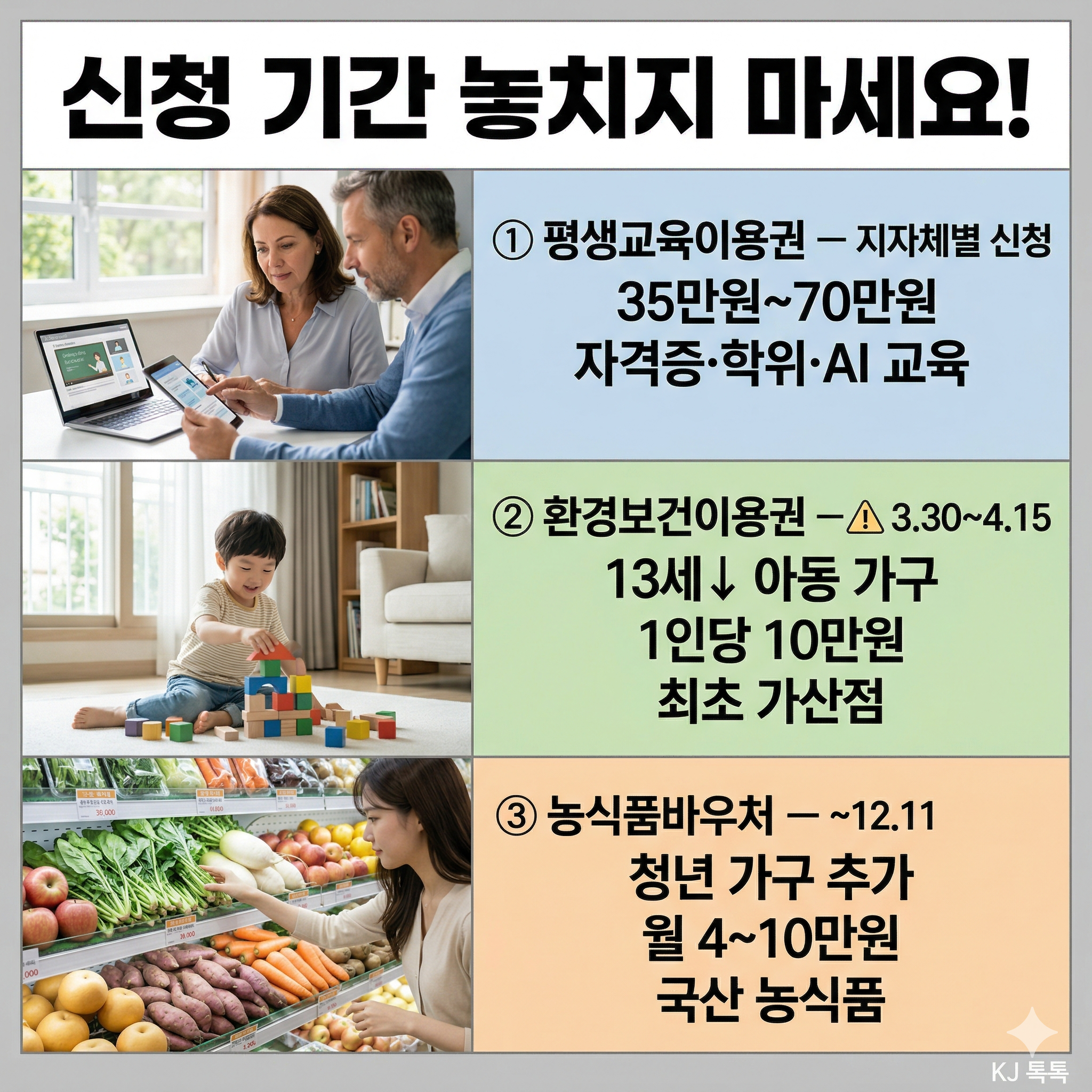 2026년 바우처 3종 완벽 정리 — 평생교육·환경보건·농식품 대상·금액·신청방법