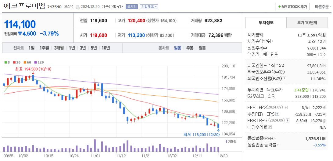 2차 전지 관련주 에코프로비엠 주가 차트