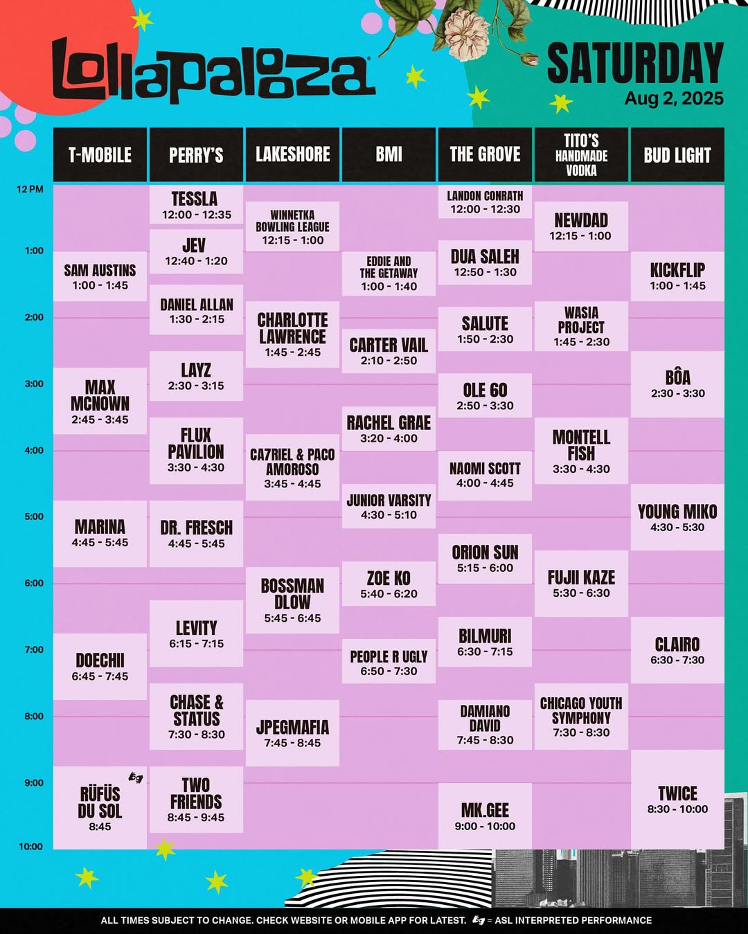 2025 롤라팔루자 시카고 타임테이블