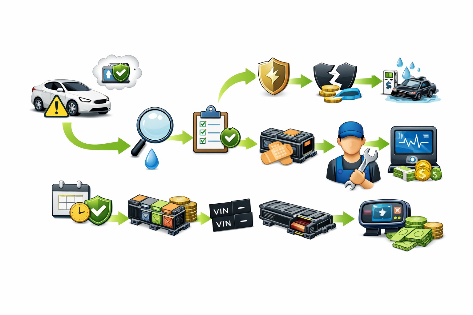 중고 전기차 배터리 비용 리스크를 줄이는 체크 흐름을 아이콘으로 표현한 텍스트 없는 다이어그램