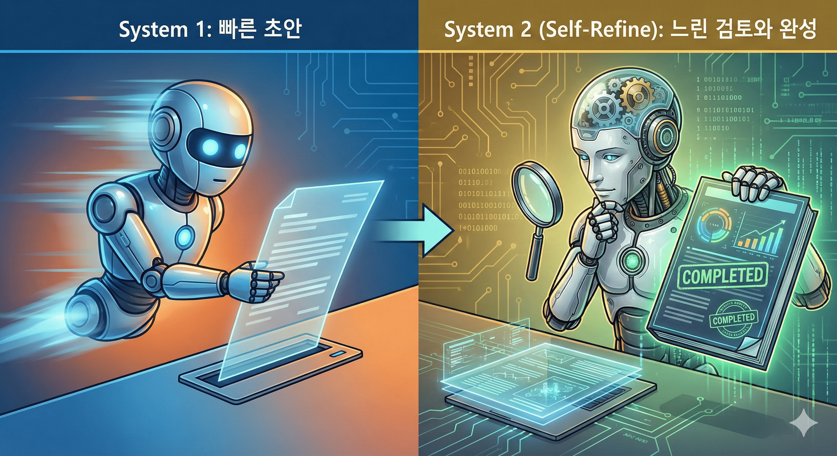 System 1(빠른 생각)과 System 2(느린 검토, Self-Refine)를 비교하는 로봇 일러스트