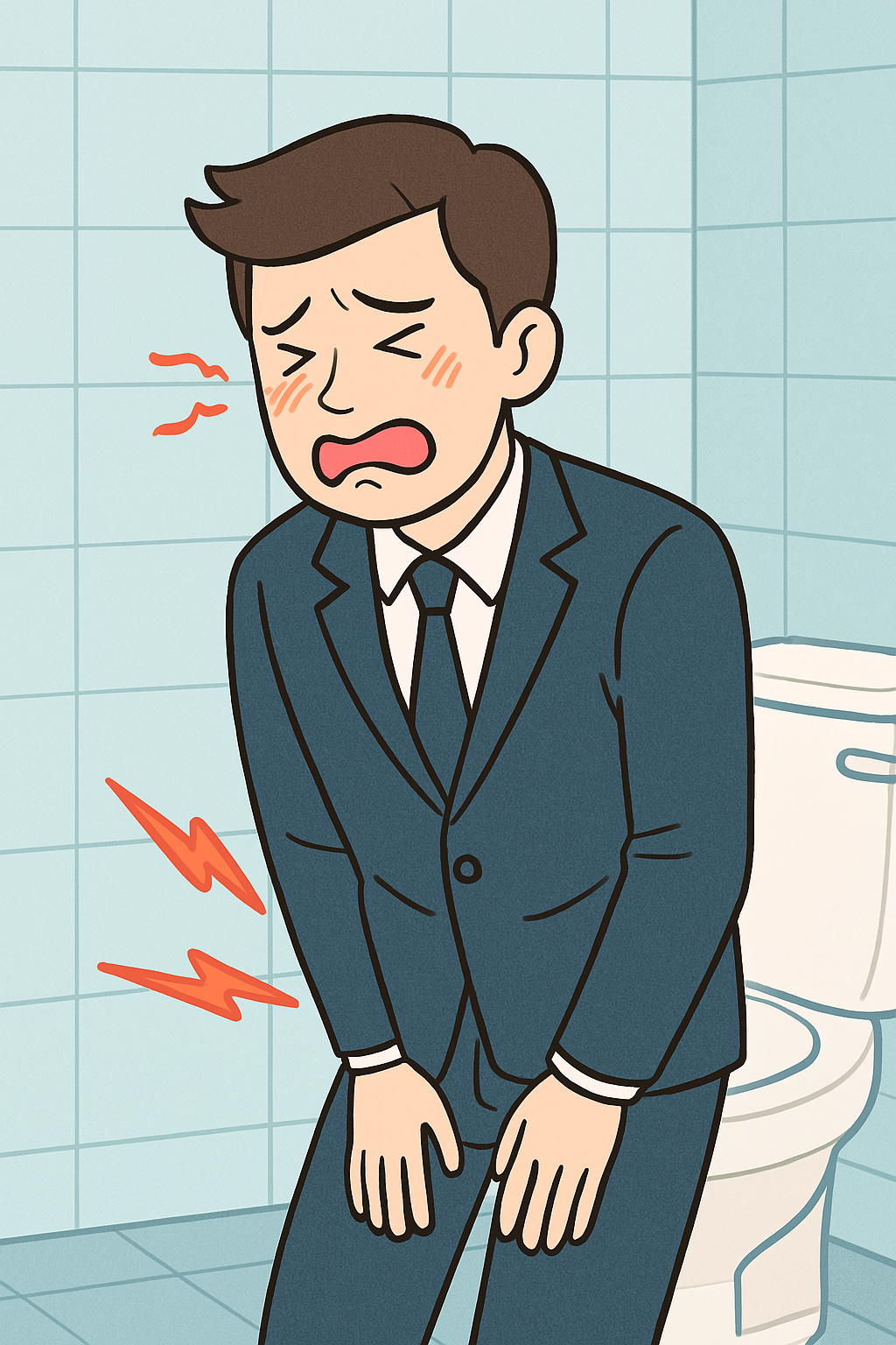 임질 증상 중 하나인 배뇨시 통증을 표현한 이미지로 남성이 화장실에서 통증을 호소하고있음 옷은 정장을 입었고 연령대는 20대정도 되는 남성의 만화풍 그림체