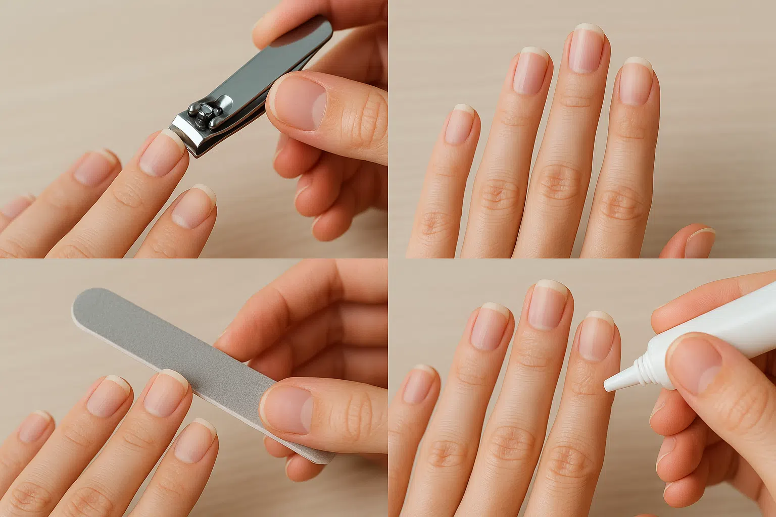 손톱을 직선 형태로 깎는 장면, 손톱 길이가 손끝보다 약간 긴 이상적인 모습, 손톱줄로 모서리를 부드럽게 다듬는 모습, 손톱 보습제를 바르는 손