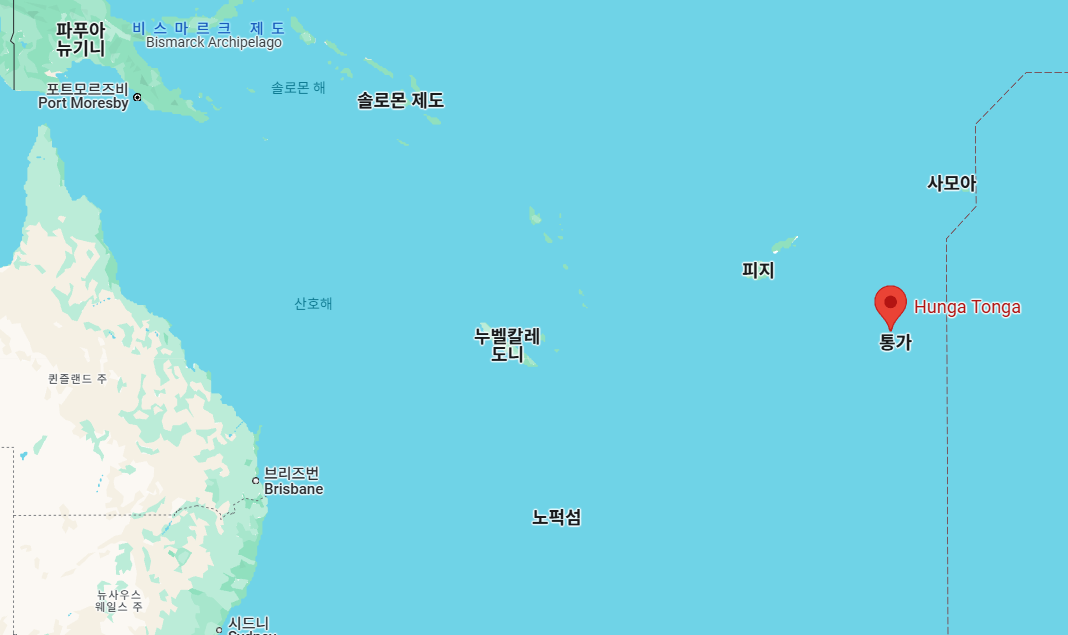 훙가 퉁가 화산의 위치를 알 수 있는 지도