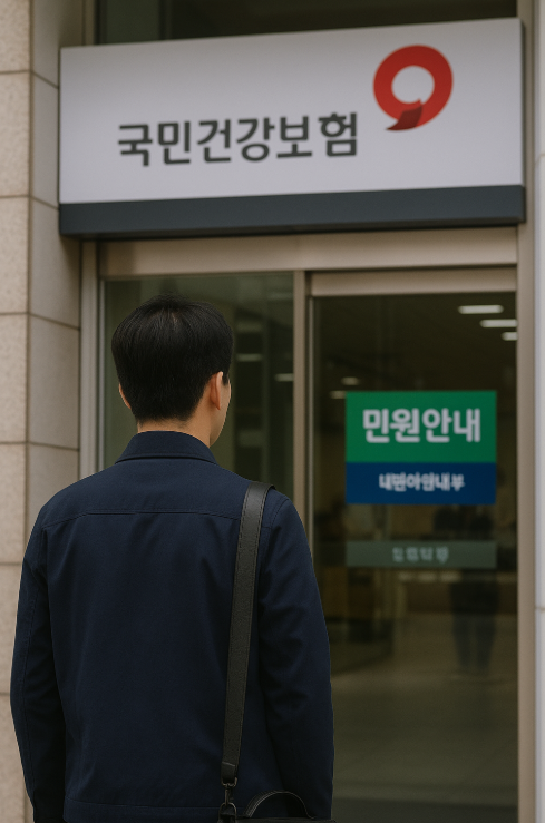 국민건강보험공단 외관 앞에서 민원인이 접수 창구를 바라보는 모습
