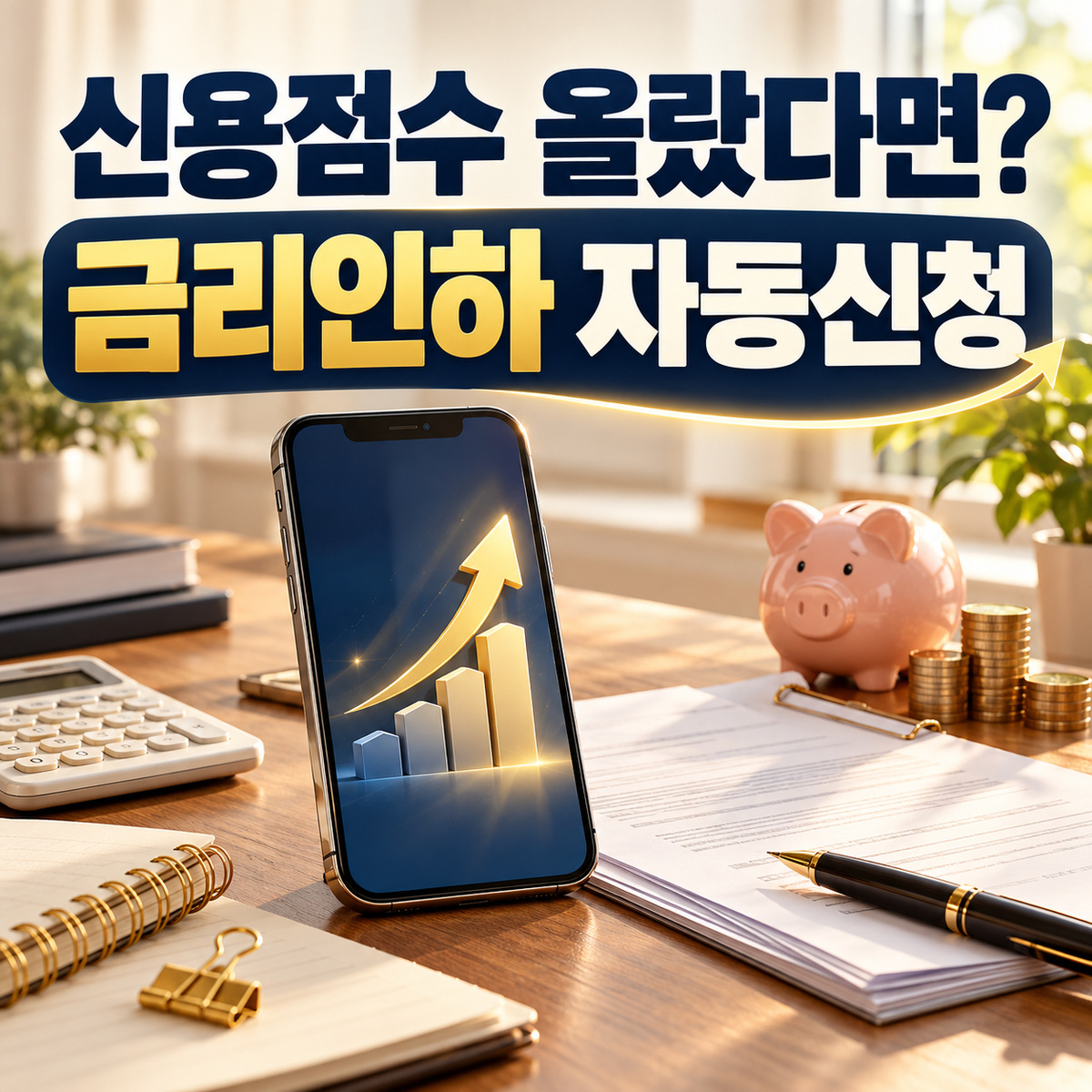 신용점수 상승 그래픽이 표시된 휴대전화와 계산기, 대출 서류 위로 금리인하 자동신청 문구가 보이는 대표 이미지