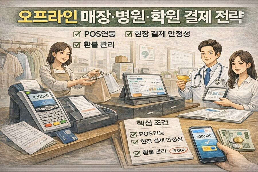 오프라인 매장&middot;병원&middot;학원 결제 전략/핵심 조건: POS연동&middot;현장 결재 안정성&middot;환불 관리