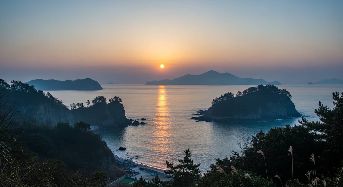 여수 향일암 뒤편으로 서서히 떠오르는 해와 남해 바다, 고즈넉한 사찰이 어우러진 신비로운 일출 모습