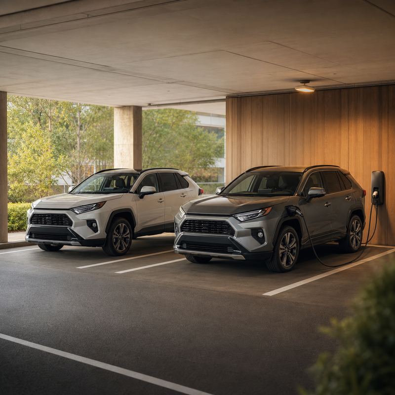 라브4 HEV와 라브4 PHEV 충전 환경을 비교한 주차장 장면
