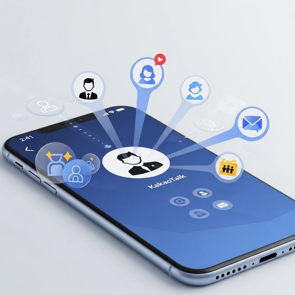 카카오톡 업데이트 후 달라진 멀티 프로필 기능을 보여주는 스마트폰 화면. 여러 개의 프로필이 관계에 따라 다양하게 설정된 모습을 시각적으로 표현합니다.