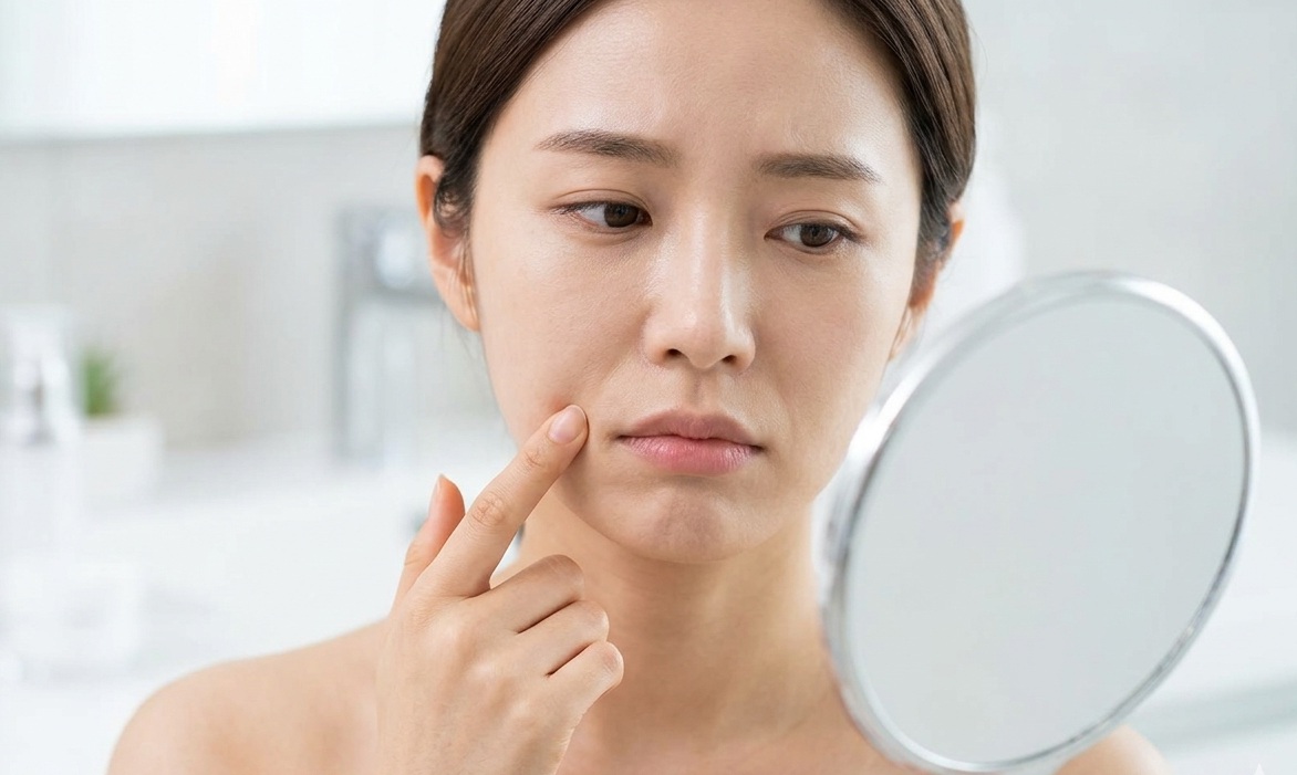 화사한 욕실에서 거울 속 자신의 팔자주름 부위를 손가락으로 가리키며 고민하는 20대 중후반 동양 여성의 클로즈업 사진. 노화가 아닌 초기 주름에 대한 고민을 표현.