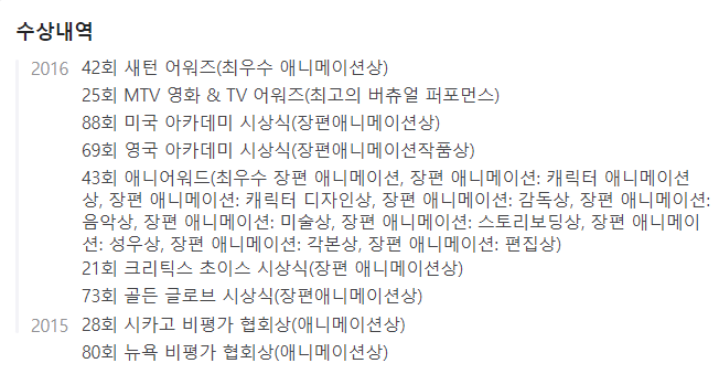 인사이드 아웃 1 수상내역