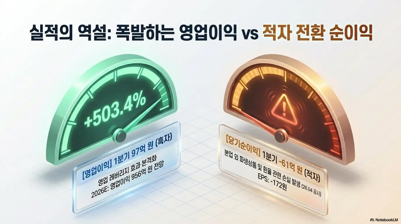 테크윙 주가 전망: 테크윙 실적의 역설인 영업이익 흑자와 순이익 적자를 대비한 이미지. 1분기 영업이익 97억 원(전년 대비 큰 폭 증가&amp;#44; 2026년 영업이익 956억 원 전망)과 당기순이익 -61억 원(파생&middot;환 손실&amp;#44; EPS -172원)을 시각적으로 전달하며&amp;#44; 테크윙 실적 분석 주제를 설명함
