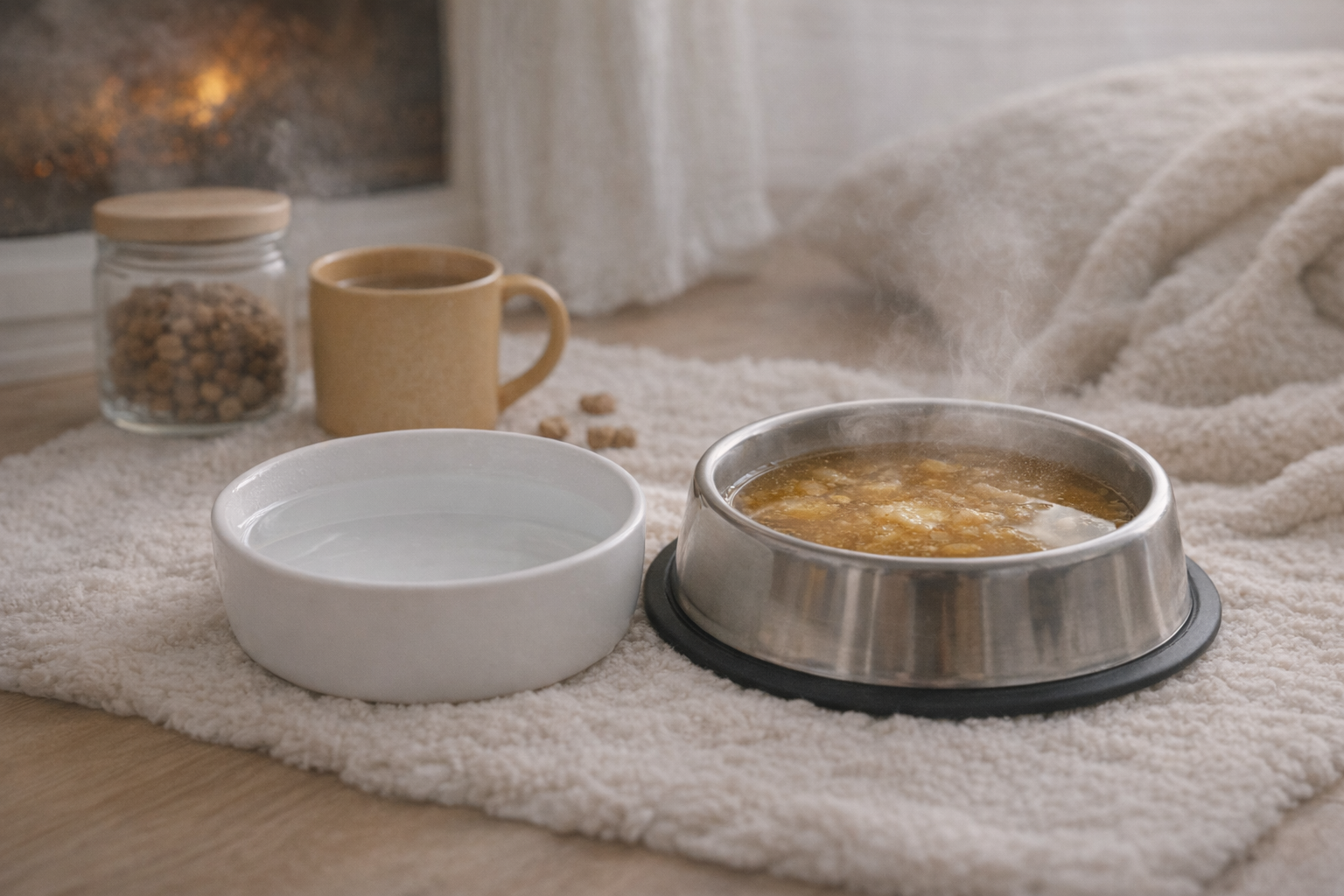 alt="강아지 겨울철 물 섭취를 돕기 위해 따뜻한 육수와 물그릇을 함께 둔 장면"