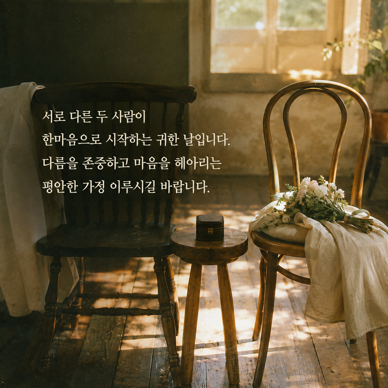 결혼 축하 문구 3 - 서로의 다름을 존중하고 마음을 헤아리는 평안한 가정을 기원하는 글귀