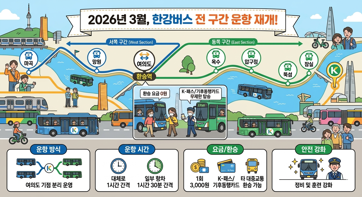 2026 출퇴근 혁명 완 부활 전 구간 운항 재개, 한강버스 기후동행카드면 무제한!!