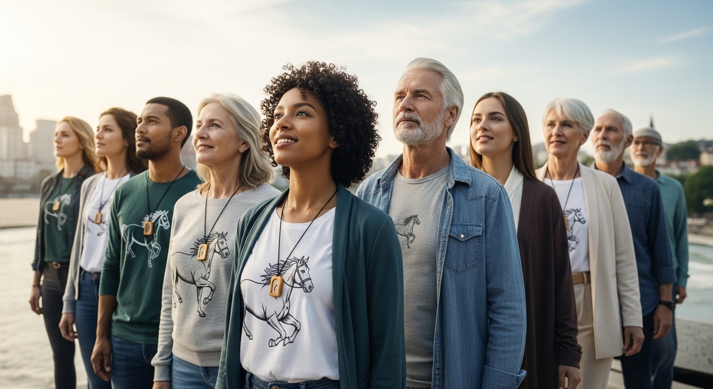 다양한 연령대의 말띠 사람들이 희망찬 미래를 바라보는 모습, 2026년 운세를 기대하는 긍정적인 분위기