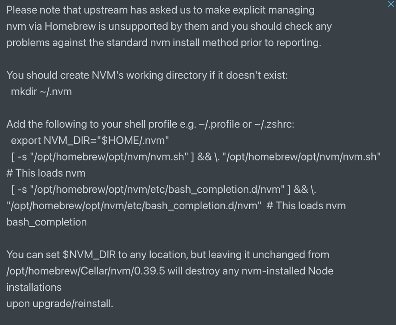 Homebrew로 nvm 설치 도중 경고 메시지가 출력된 화면