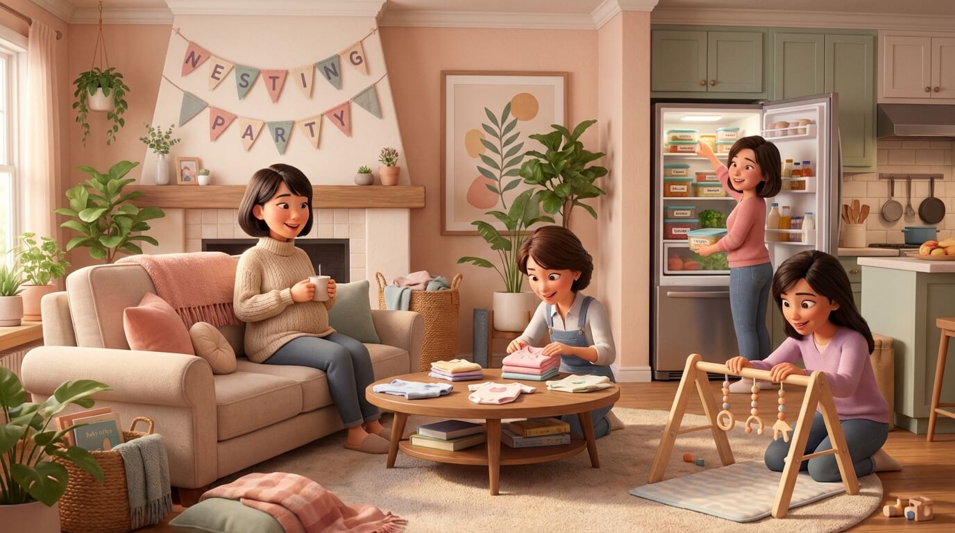 베이비샤워 대신 친구들이 모여 육아 준비를 도와주는 2025년 트렌드 둥지 파티(Nesting Party) 일러스트.
