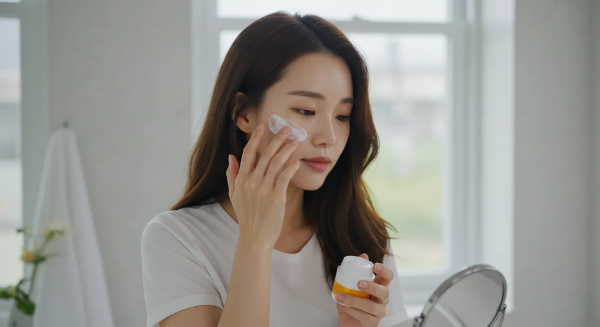 선케어 제품을 얼굴에 바르고 있는 여성 이미지