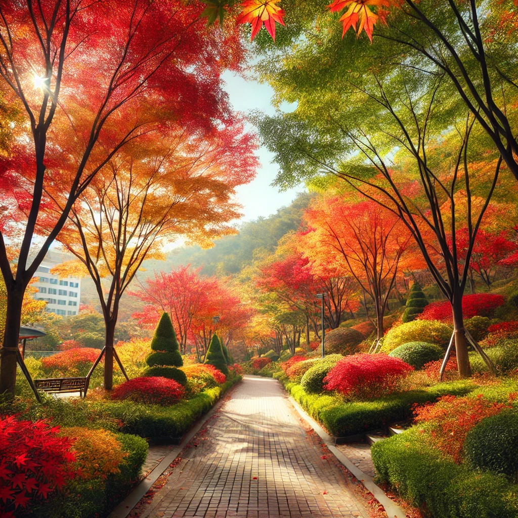 부산 시민공원의 가을 단풍, 빨강, 주황, 노란 단풍나무들이 산책로를 따라 늘어서 있는 풍경