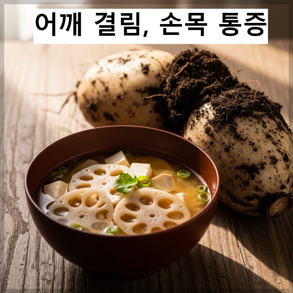 혈관 건강에 좋은 연근 미소 된장국과 신선한 연근 재료 이미지