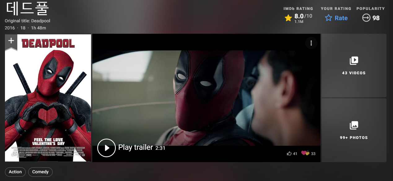 영화 데드풀1 해외 반응 평점