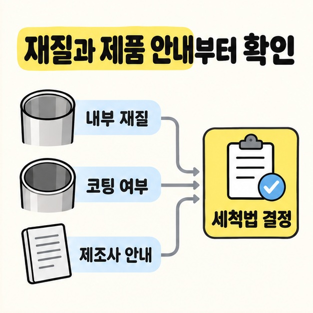 내부 재질과 코팅 여부 및 제조사 안내를 세척법 결정으로 모으는 제품 확인 도식