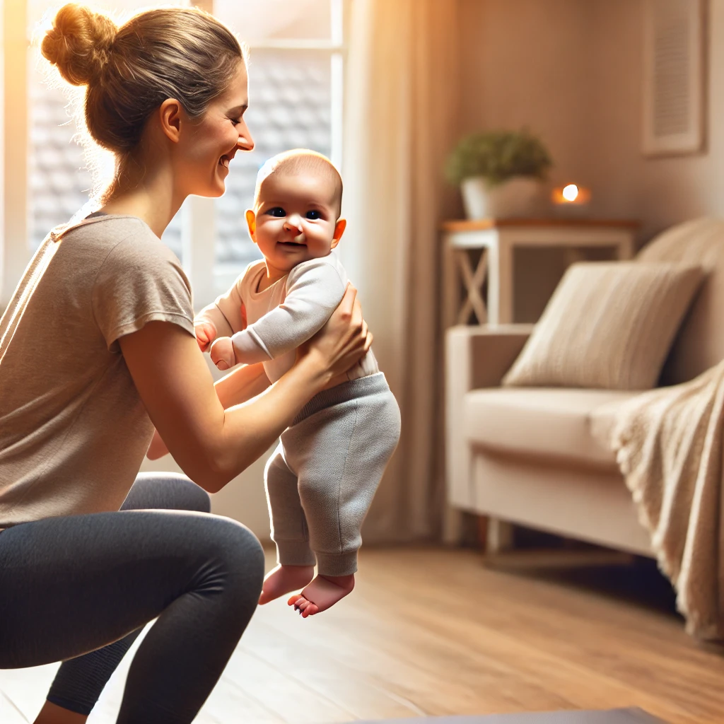엄마가 아기를 안고 스쿼트 자세를 하고 있는 이미지