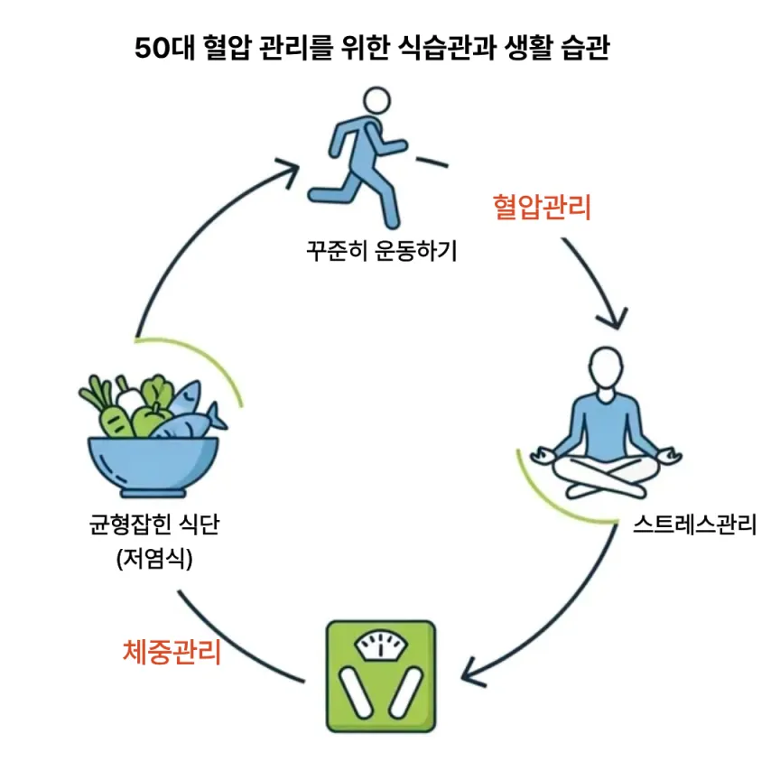 운동, 식단, 체중, 스트레스 등 혈압 관리를 위한 아이콘이 있는 인포그래픽