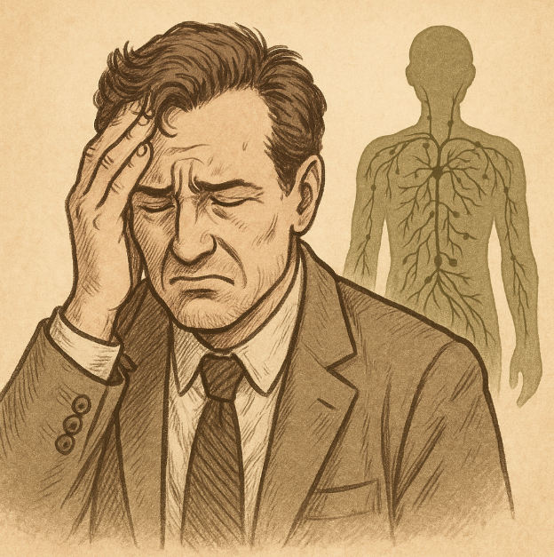 스트레스를 받은 남성과 배경의 림프계 그림