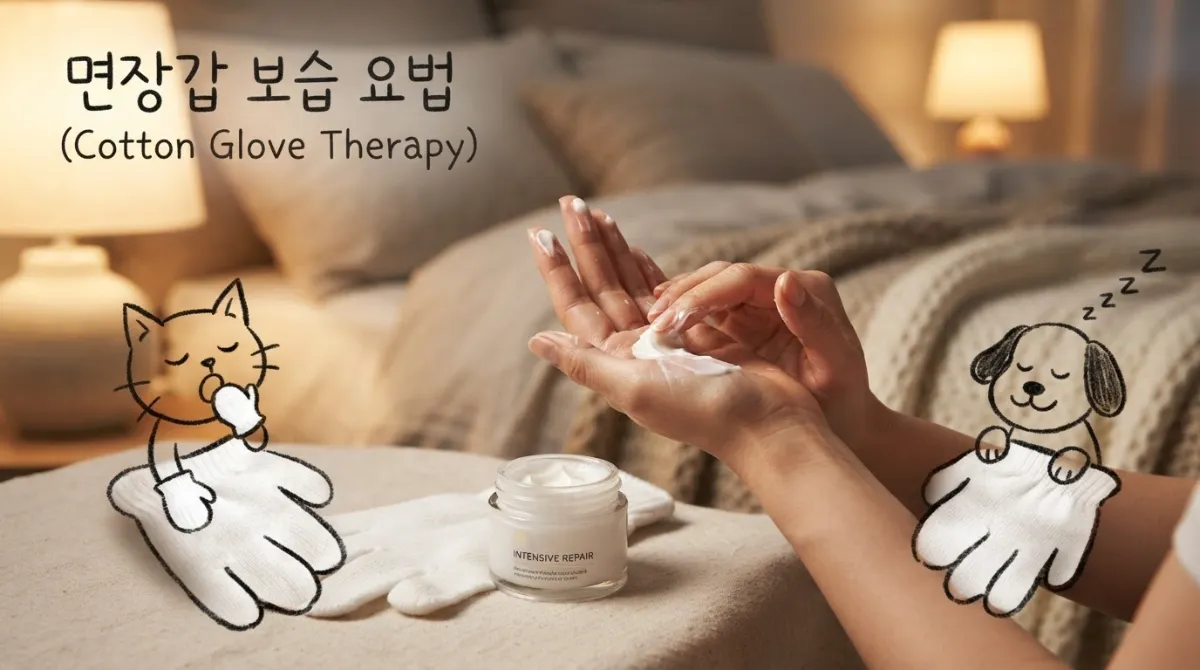 잠들기 전 손끝에 보습 크림을 충분히 바른 뒤 부드러운 흰색 면장갑을 끼고 자는 수면 보습 요법을 따뜻한 조명 침실에서 보여주는 cozy한 이미지에 잠든 스틱 캣과 스틱 독이 면장갑 안에서 자고 있는 이미지