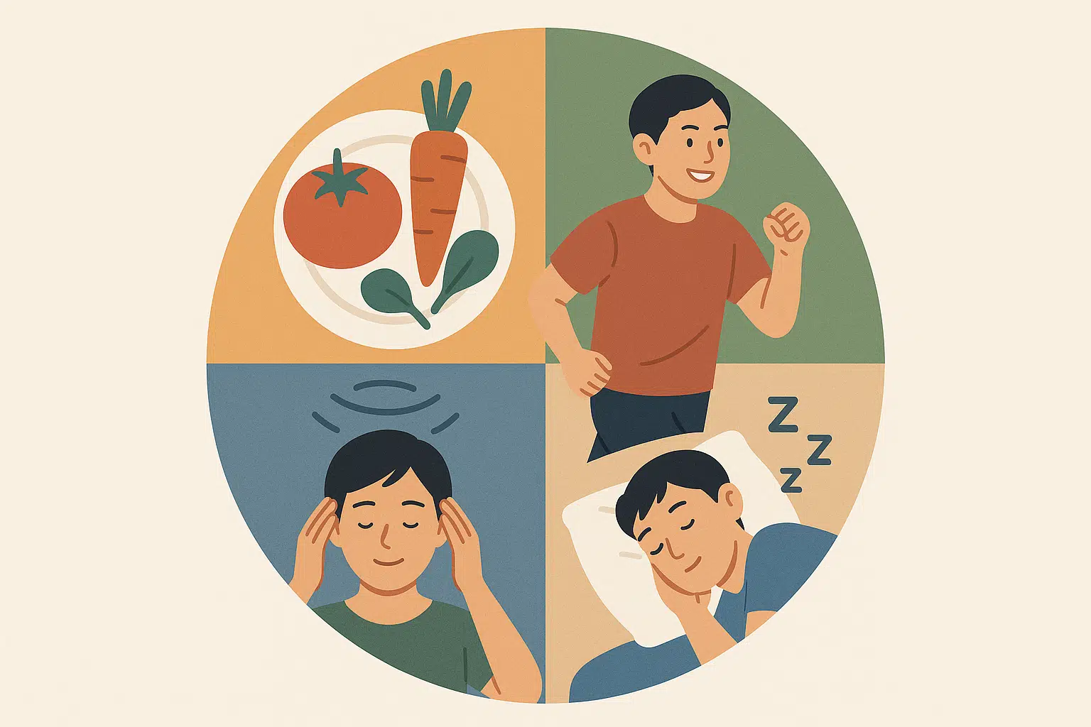 건강한 식사, 운동, 숙면, 스트레스 관리